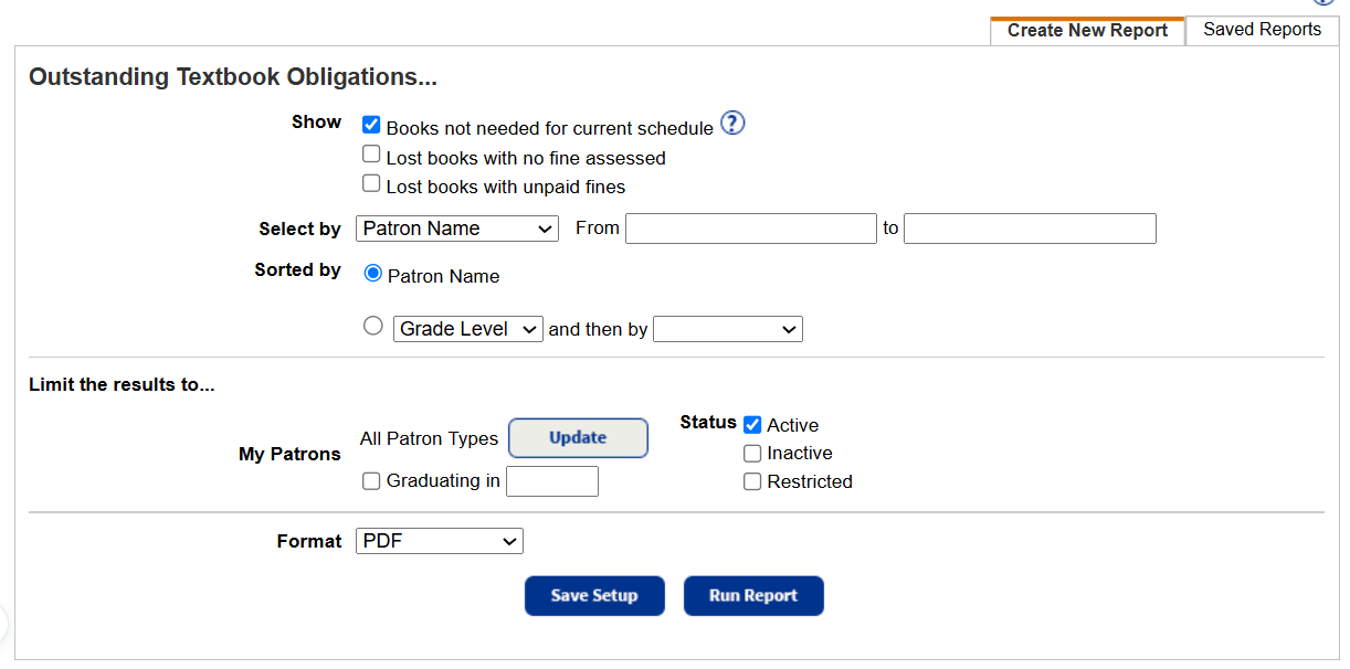 Outstanding textbook obligations report setup page.